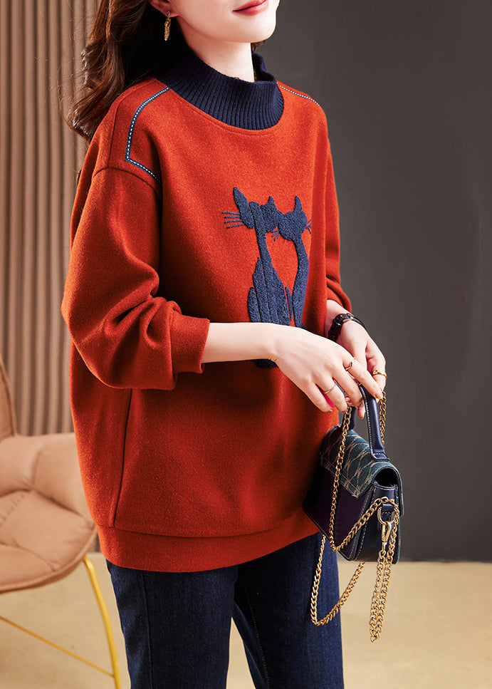Red High Neck Patchwork Cotton Pullover Tops Winter