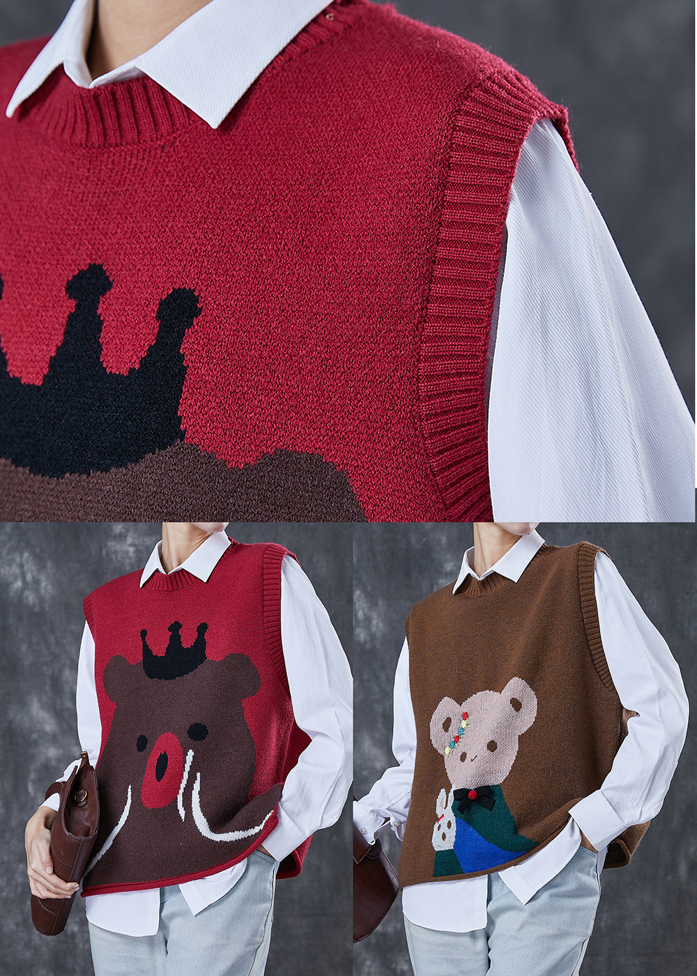 Mulberry Oversized Cartoon Print Knit Vests Spring