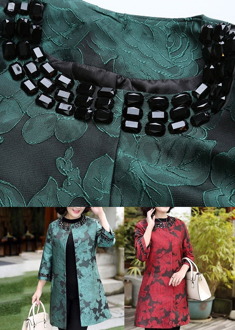 Red Jacquard Spandex Coat Outwear O-neck Bracelet Sleeve