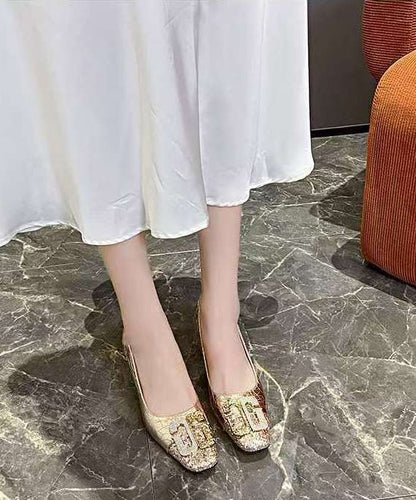 Gold Zircon Splicing Chunky High Heels Square Toe