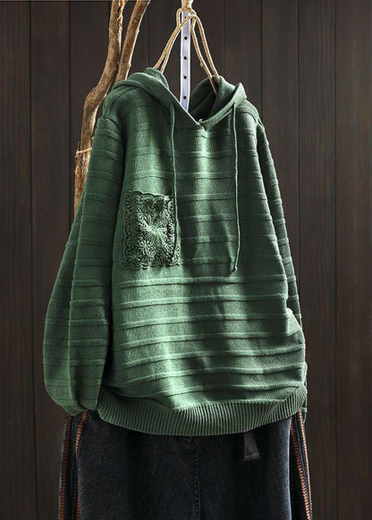 Khaki Hooded Pockets Cotton Knit Sweaters Long Sleeve