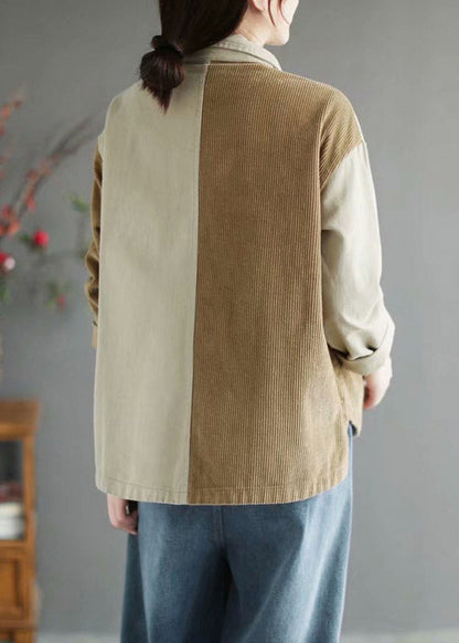 Beige Peter Pan Collar Patchwork Corduroy Coats Long Sleeve