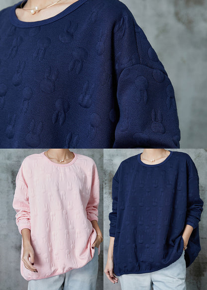 Navy Oversized Jacquard Cotton Pullover Sweatshirt Spring