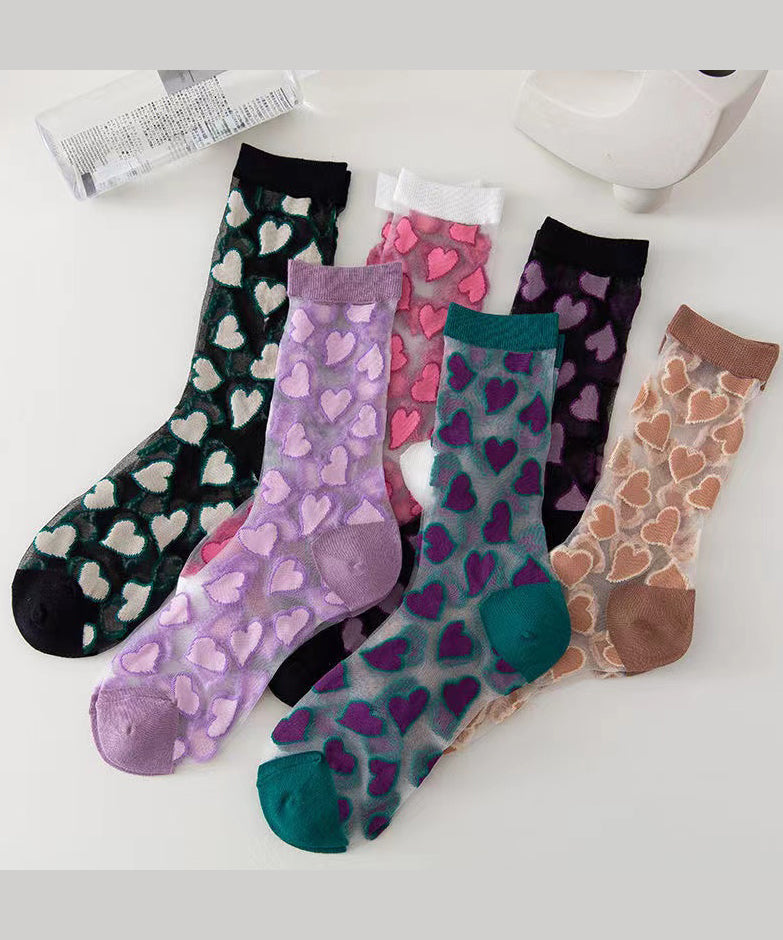 Heart Jacquard Transparent Thin Mid Length Socks