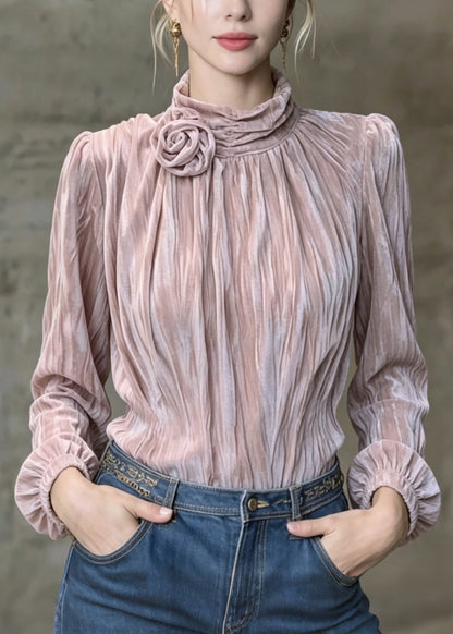 French Purple Wrinkled Velour Shirt Top Spring