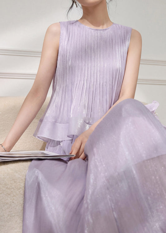 Stylish Purple Wrinkled Top and Maxi Skirts Two Pieces Set Summer
