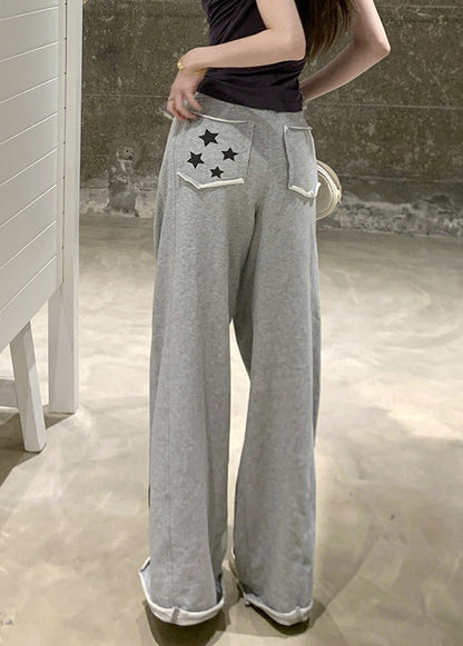Grey Print Pockets Elastic Waist Cotton Pants Summer