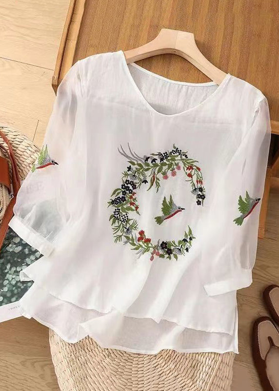 White O Neck Embroideried Cotton T Shirts Summer
