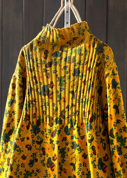 Handmade Yellow Retro Print Loose Fall Knitted Sweaters