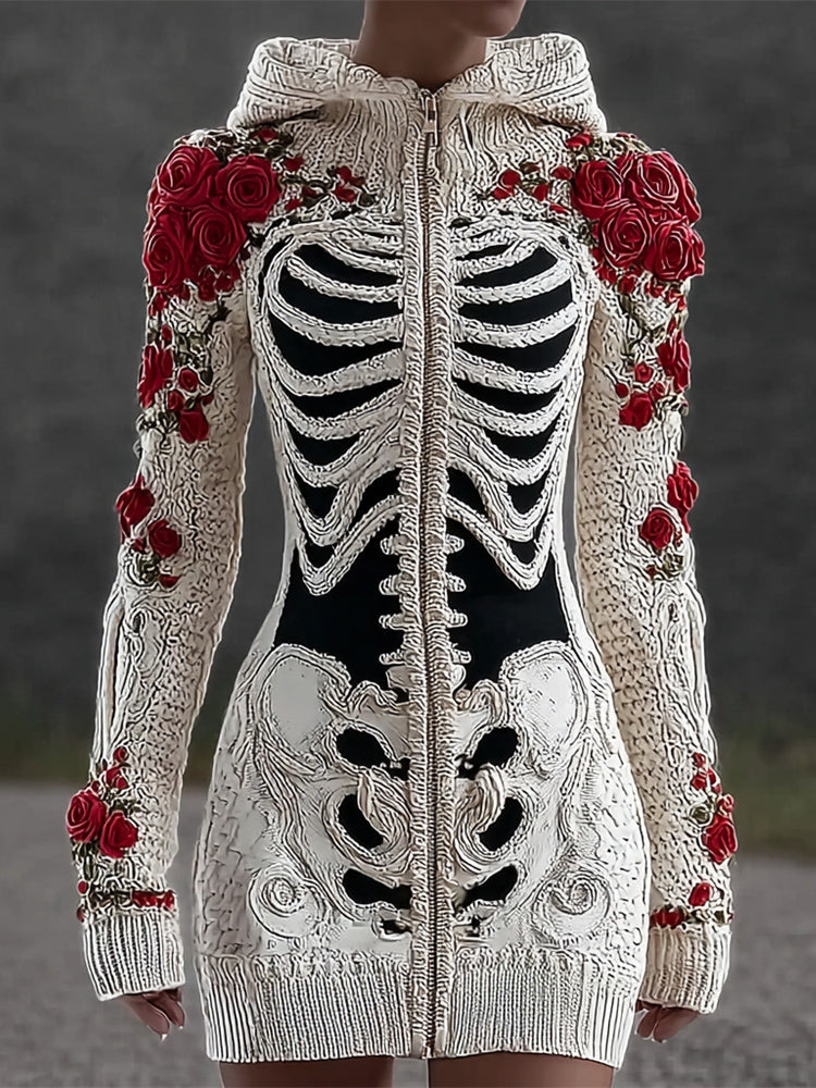 Comstylish Halloween Skeleton & Floral Women's Hooded Zip-up Cardigan