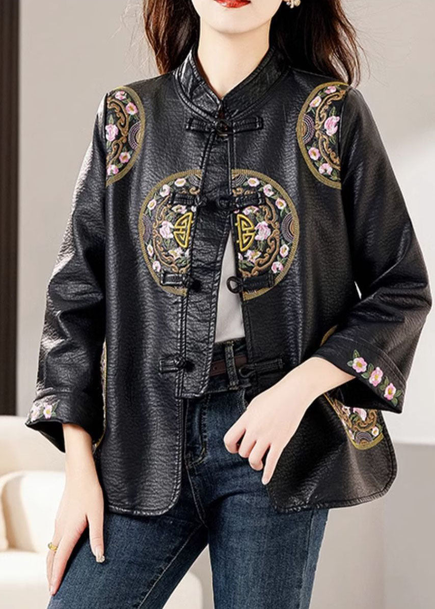 Black Stand Collar Embroideried Button Faux Leather Coats Fall