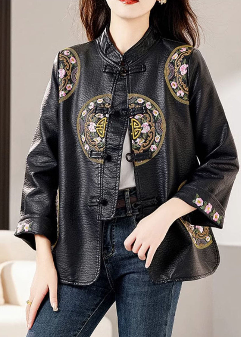 Black Stand Collar Embroideried Button Faux Leather Coats Fall