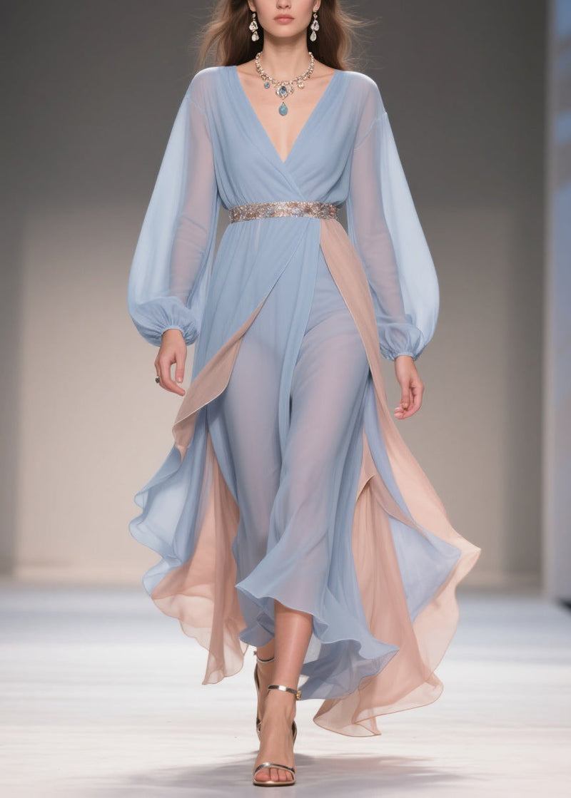 Blue Asymmetrical High Waist Patchwork Chiffon Party Dress