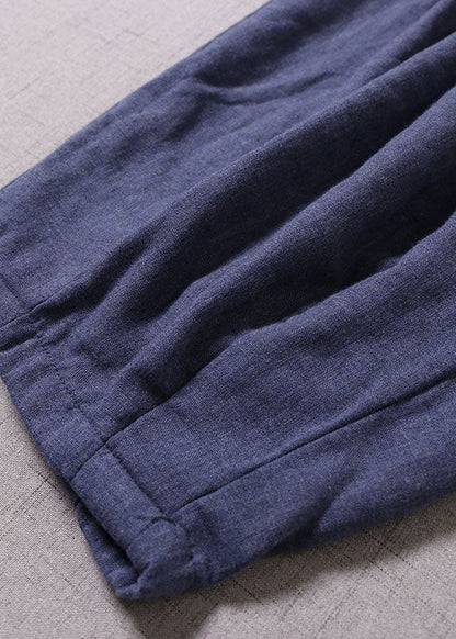 Blue Cinched Pockets Cotton Harem Pants Spring