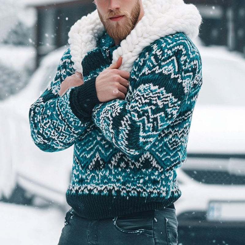 Men's Vintage Fairman Island Jacquard Warmth Pattern  Zip Up Collar Sweatshirt artswardrobe