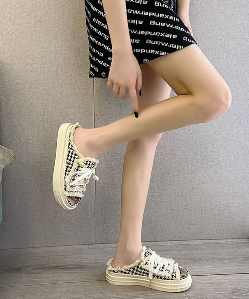Black Platform Splicing Tassel Lace Up Slide Sandals