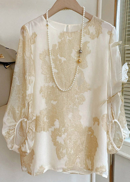 Art Apricot O-neck Jacquard Patchwork Silk Blouses Lantern Sleeve