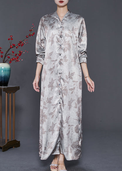 Apricot V Neck Print Silk Maxi Dresses Spring