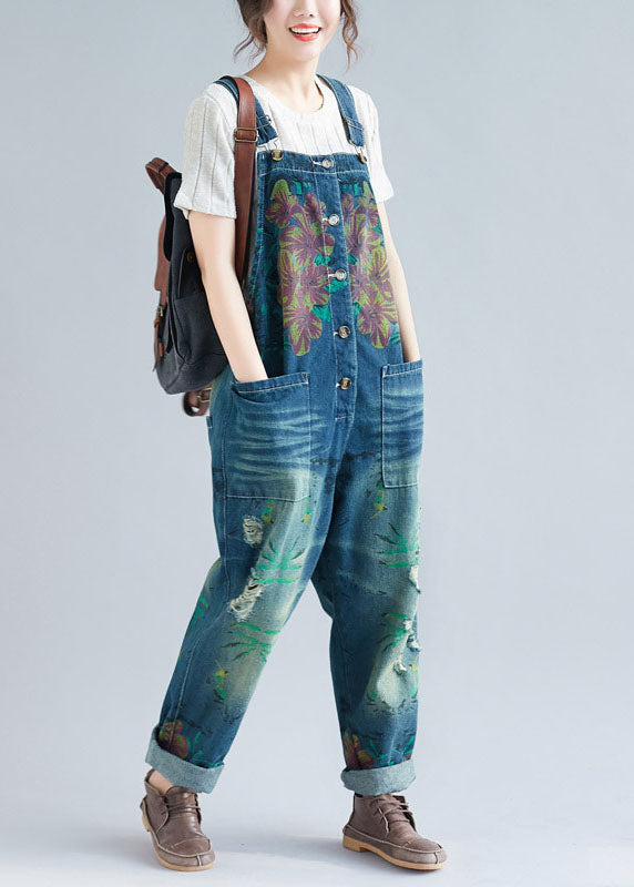 Blue Pockets Patchwork Print Denim Jumpsuit Spring