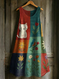 Comstylish Women's Japanese Art Embroidery Floral Cat Print Dress