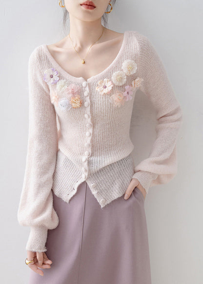 Unique Pink O Neck Knit Sweaters Lantern Sleeve