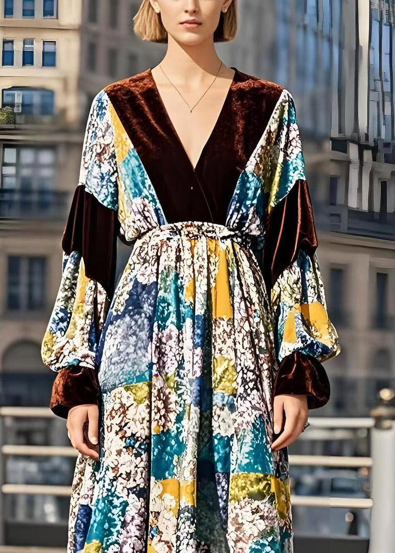Boutique V Neck Patchwork Print Silk Velour Holiday Dress Spring