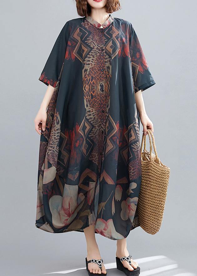 Classy Stand Collar Summer Dresses Ideas Black Abstract Pattern Long Dresses