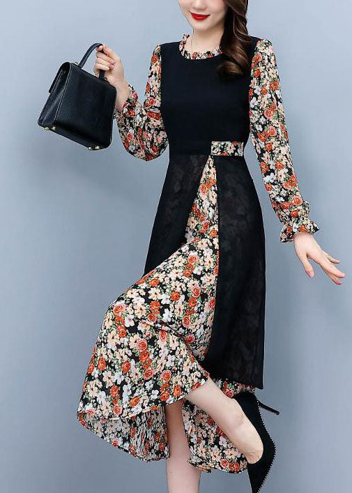 Colorblock O-neck Patchwork Print Chiffon Dresses Fall