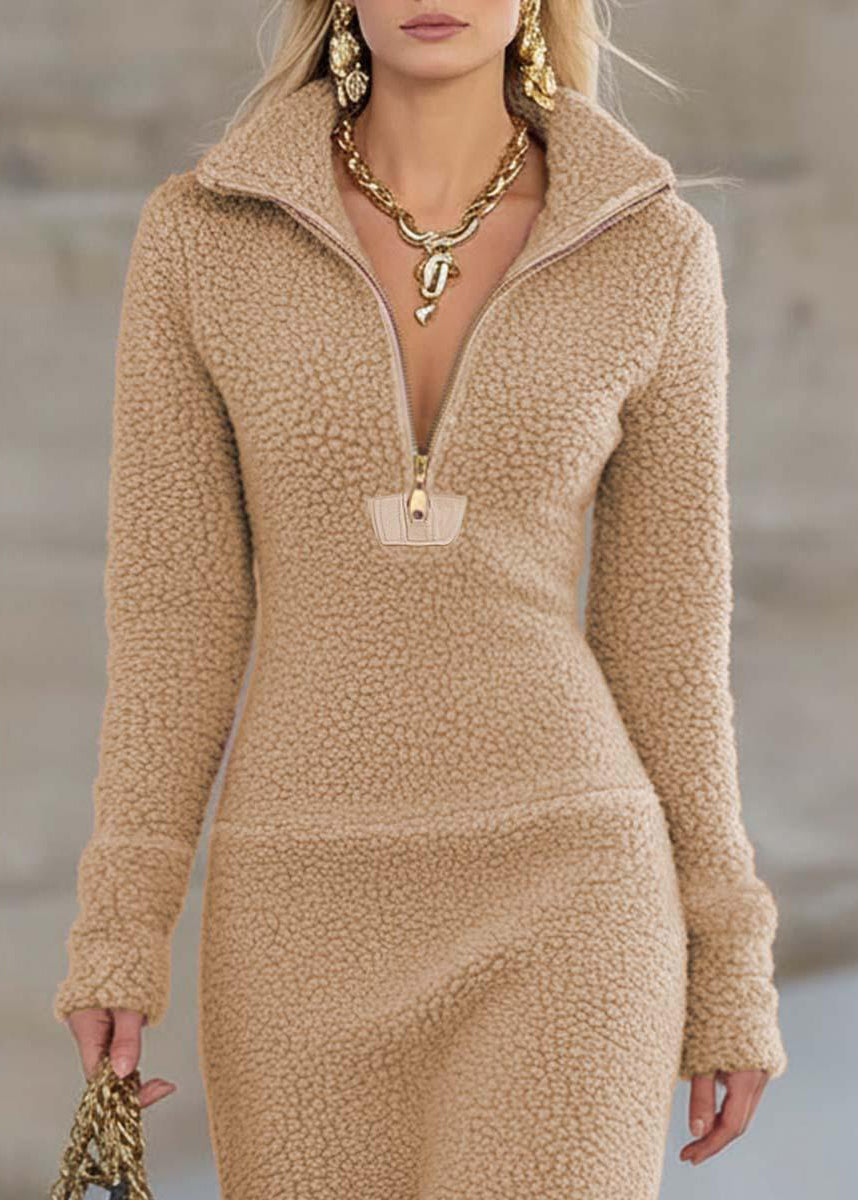 Khaki Zip Up Patchwork Faux Fur Long Dresses Spring