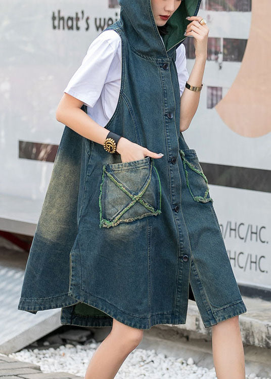 Modern Green Hooded Button Pockets Fall Top Sleeveless Waistcoat