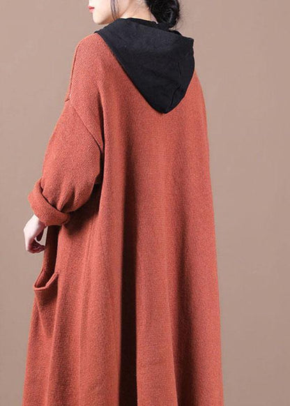 Orange Red Pockets Fall Long Knit Coat