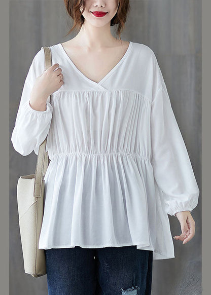 White Loose V Neck Wrinkled Fall Long Sleeve Shirt Top