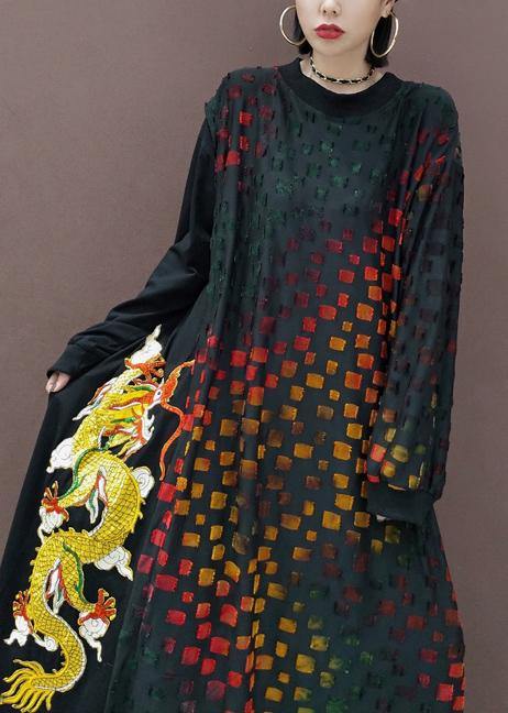 Style Plaid Tunic O Neck Dragon Design Robes Spring Dresses