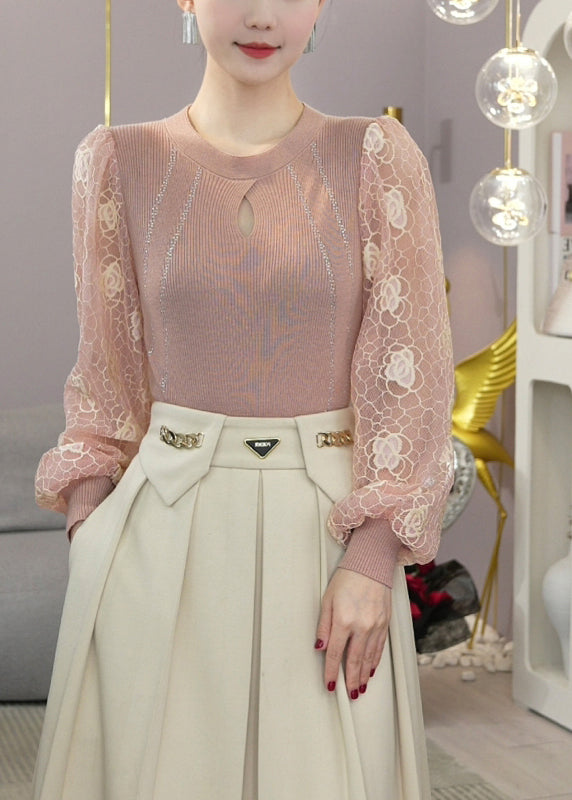 Pink Hollow Out Patchwork Knit Fake Two Piece Shirt Top Fall