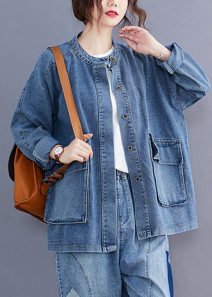 Blue Stand Collar Pockets Patchwork Denim Coats Fall