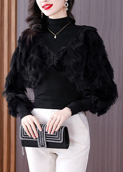 Black Turtleneck Fuzzy Fur Fluffy Patchwork Fake Two Pieces Tops Fall