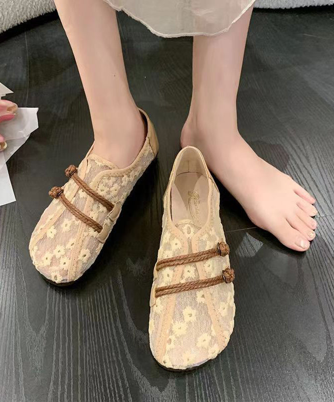 Breathable Mesh Khaki Flat Shoes Embroidery Splicing Soofairy Shoes-20251