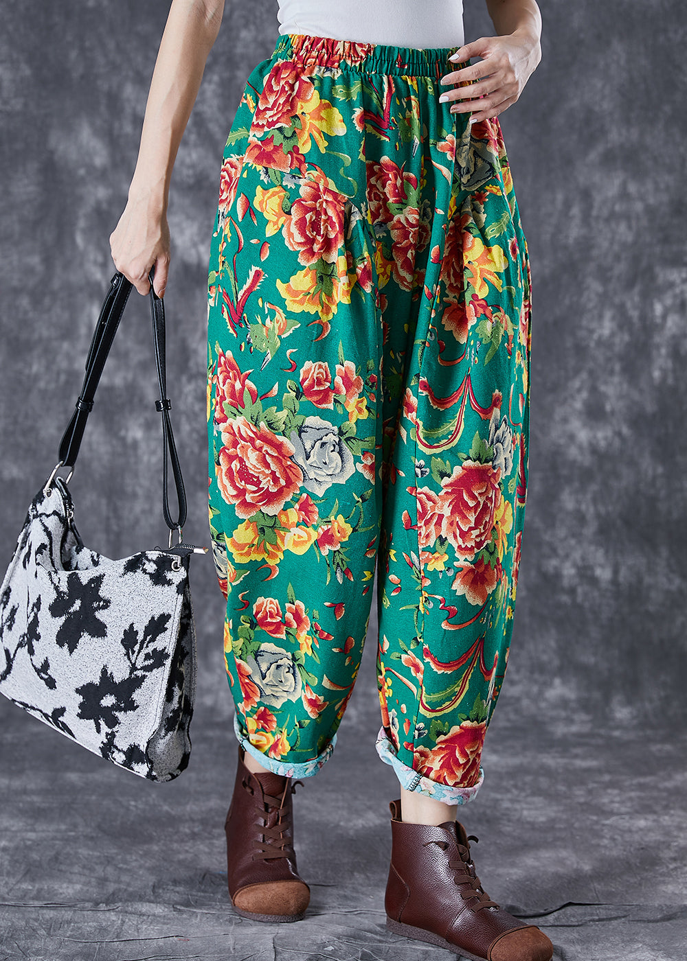 Green Oversized Print Cotton Harem Pants Summer