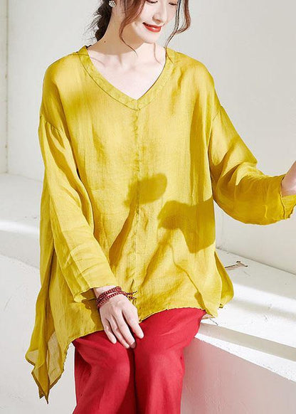 Yellow V Neck Asymmetrical Design Summer Ramie Shirt Long Sleeve