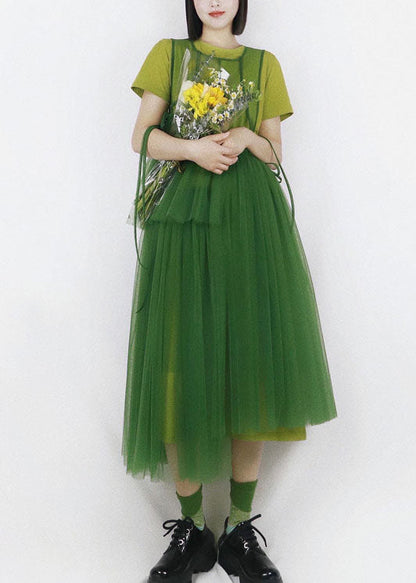 Green Patchwork Tulle Long Dress Hollow Out Color Summer