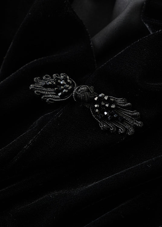 Black V Neck Button Silk Velour Tops Long Sleeve