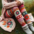 Vintage Crochet Colorblock Patchwork Floral And Leaf Cozy Knit Leggings artswardrobe