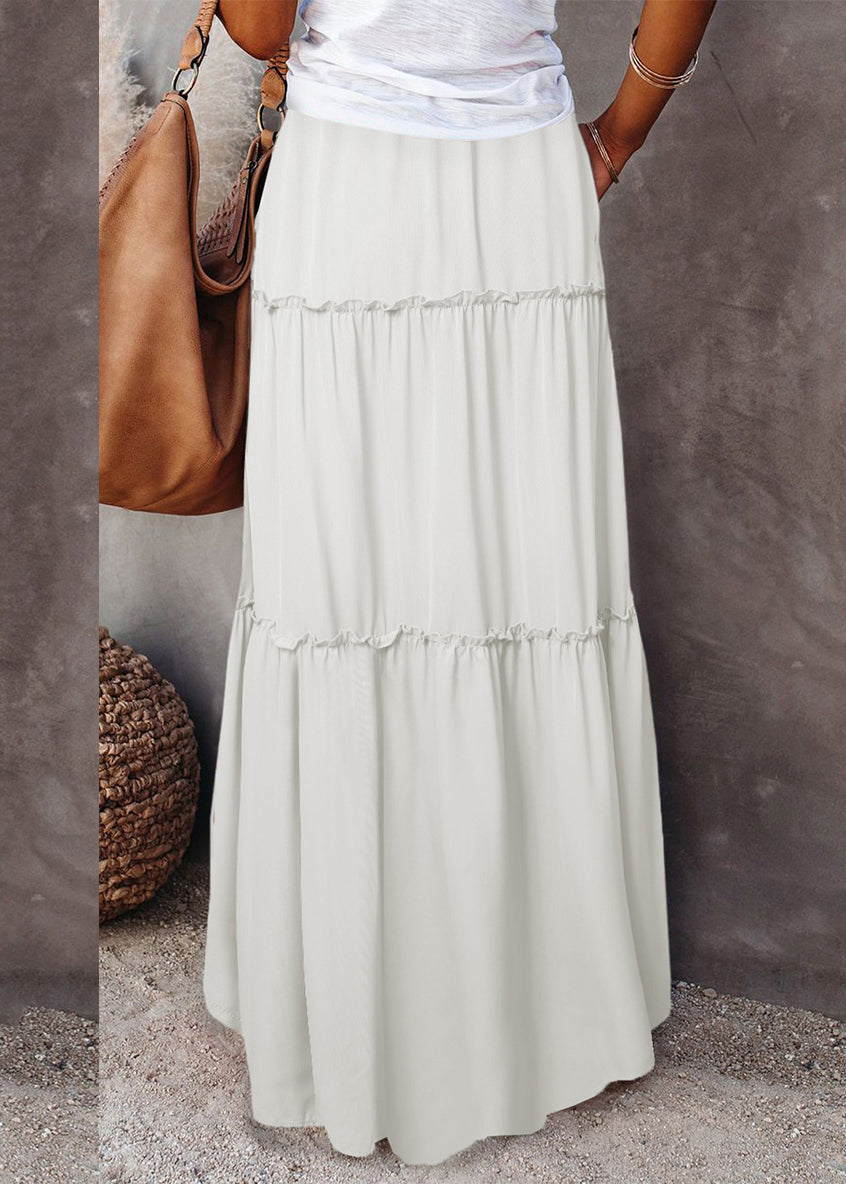 White Ruffled Patchwork Elastic Waist Maxi Skirts Summer