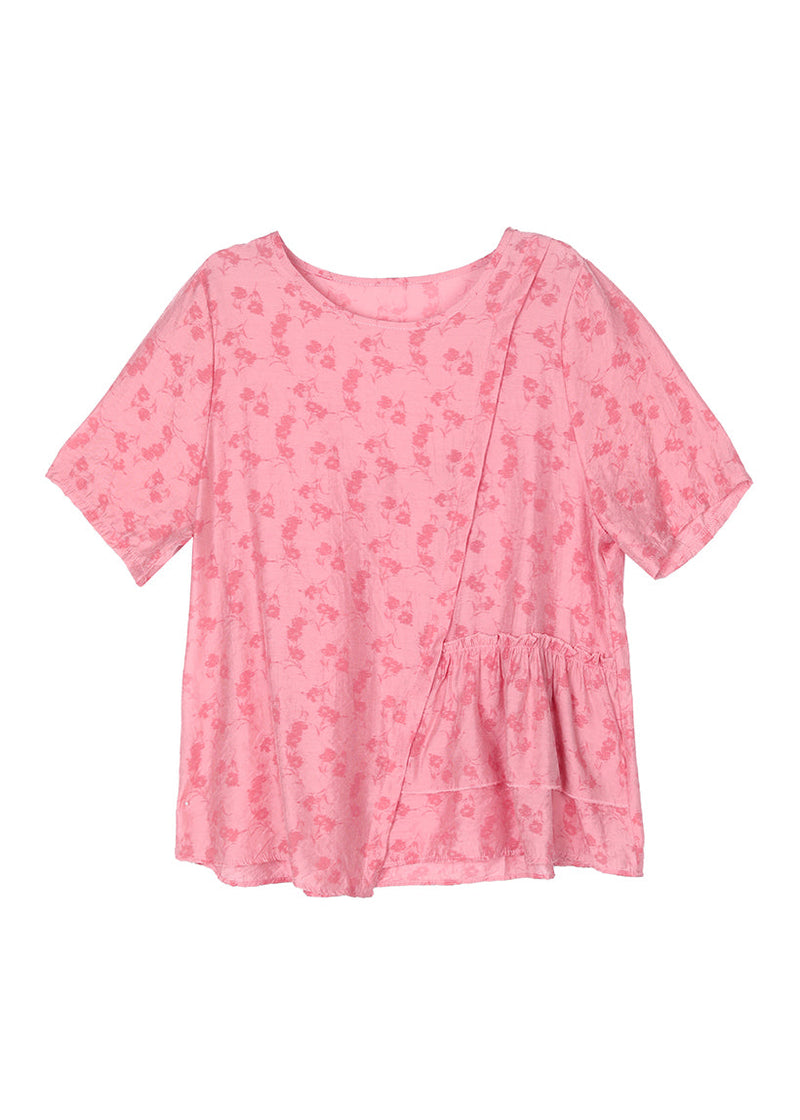 Pink Patchwork Linen Blouses Asymmetrical O-neck Ruffled Summer