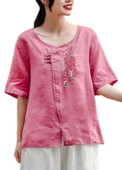 Rose O-neck Side Open Patchwork Cotton T Shirt Summer