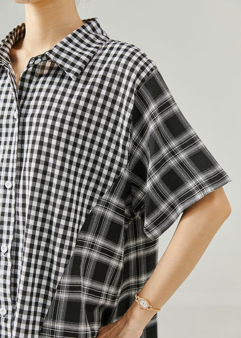 Grey Oversized Patchwork Plaid Linen Robe Dresses Summer