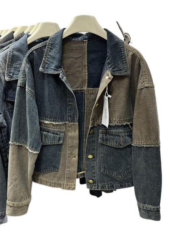 Colorblock Peter Pan Collar Button Pockets Denim Coats Fall