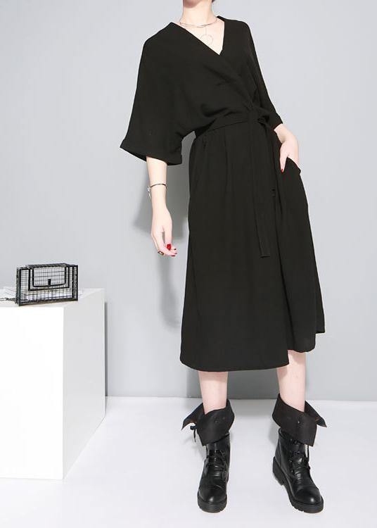 Handmade Black V Neck Tie Waist Summer Dress
