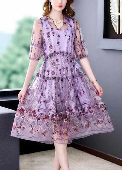 Purple Embroideried Hollow Out Tulle Long Dress Summer