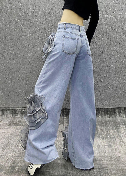 Blue Pockets Bead Tassel Denim Pants Spring